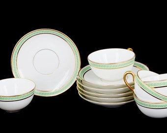 Antique Limoges set of (5) D&C L. Bernardaud Co Green Greek Keyhole Teacups and Saucers/Bernardaud /Good Gift/Teacups Saucers/French/Limoges
