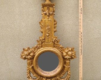 Vintage Louis XIV Style Gold Leaf Bell Flowers Swags Ornate Decorative Slim Mirror/ Hollywood Regency/Good Gift/Wall Hanging/Louis XIV Gilt