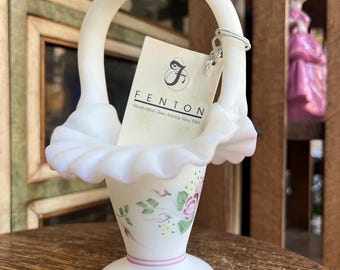 Vtg Fenton 95th Anniversary White Satin Glass Basket Hand Painted CL Lidall
