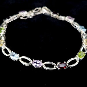 Vintage Sterling Silver Garnet Amethyst Citrine Peridot Multi Gemstone Tennis Bracelet 7.5” / Gemstone Jewelry / Gifts for her /Gem Bracelet