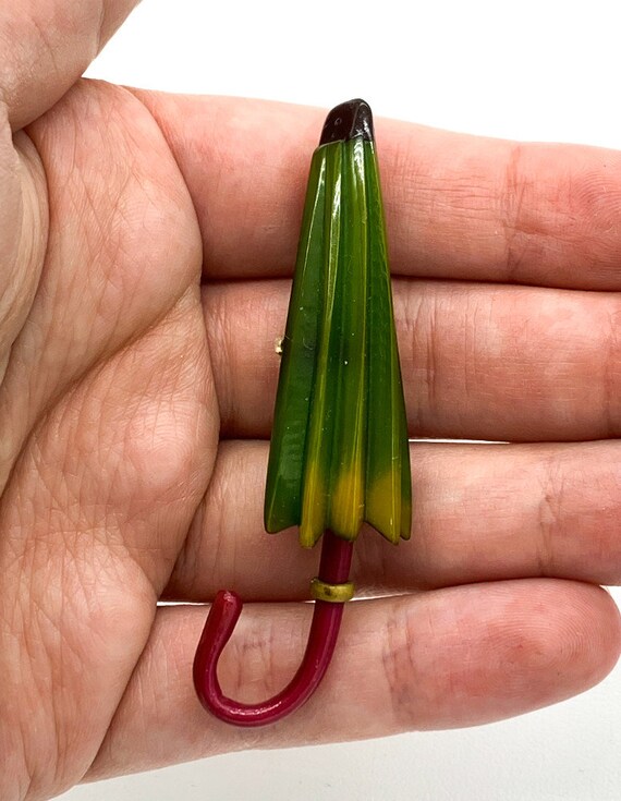 Antique Art Deco Green & Red Bakelite Umbrella Pin