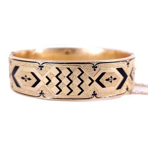 Antique 14k Gold Victorian Taille D&#39;Epargne Black Enamel Bangle Bracelet 6.25”/ Good Gift/ Gift for You/ Gift for Him/ Gift for Her/ Gift