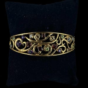 Vintage MCM Sterling Gold Vermeil Multicolor Crystal Ornate Bangle Bracelet 7&quot;