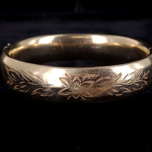 Antique Gold Over Sterling Silver Victorian Floral Engraved Thick Bangle Bracelet 7” / Silver Bangle/ Good Gift/ Sterling Jewelry/ Victorian