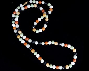 Estate 14k Gold Green Black Orange White Jade Jadeite Beaded Necklace 29” / Jade Jewelry / Gemstone Jewelry / Gifts for her / Good Gift