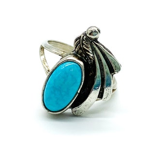 Vintage Navajo Old Pawn Sterling Silver Turquoise Leaf Motif Ring Size 4.75/ Vintage Navajo Sterling Turquoise Ring/ Tribal Turquoise Ring