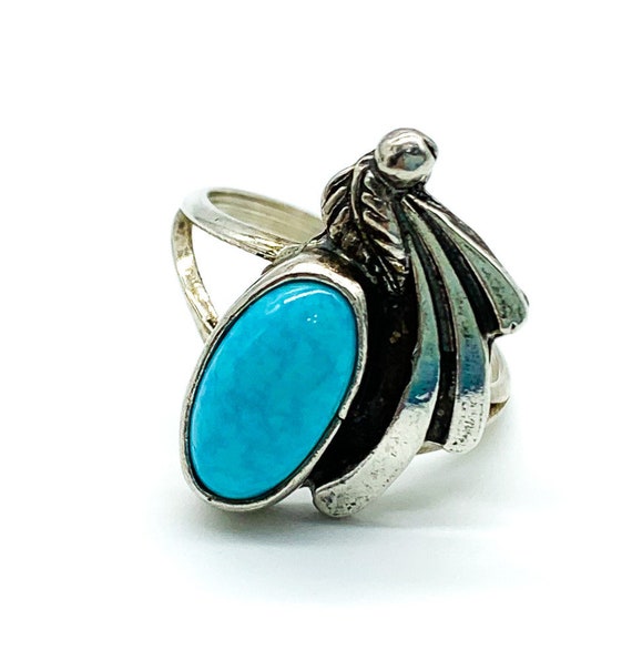 So Detailed!! Vintage Native American Navajo Zuni Turquoise Leaf Sterling Silver Ring Old So Detailed!! Vintage Native American Navajo Zuni Turquoise Leaf Sterling Silver Ring Old