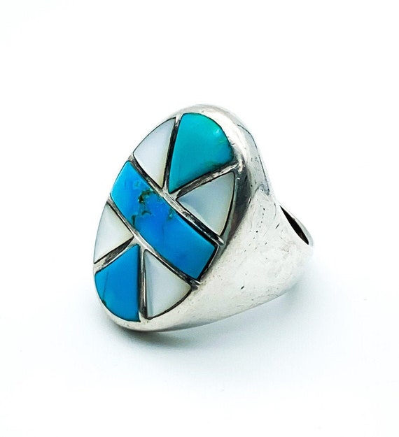 Huge Vintage Zuni Turquoise Sterling Silver Inlay Native American Ring Old Huge Vintage Zuni Turquoise Sterling Silver Inlay Native American Ring Old
