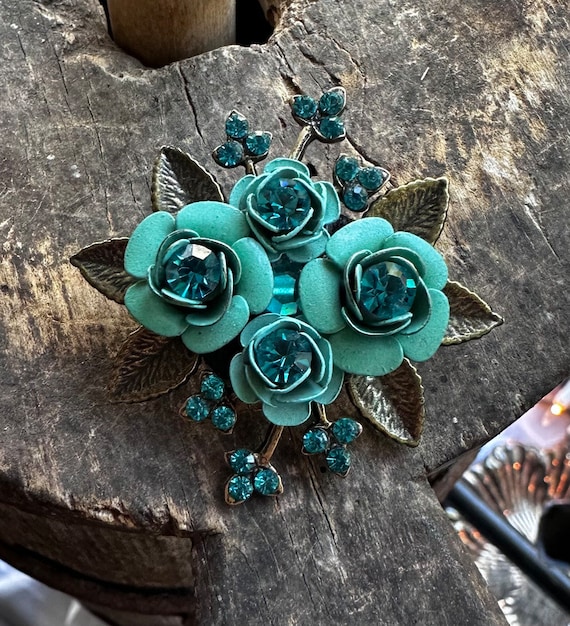 Vintage Michal Negrin Blue Turquoise Crystal Enam… - image 1