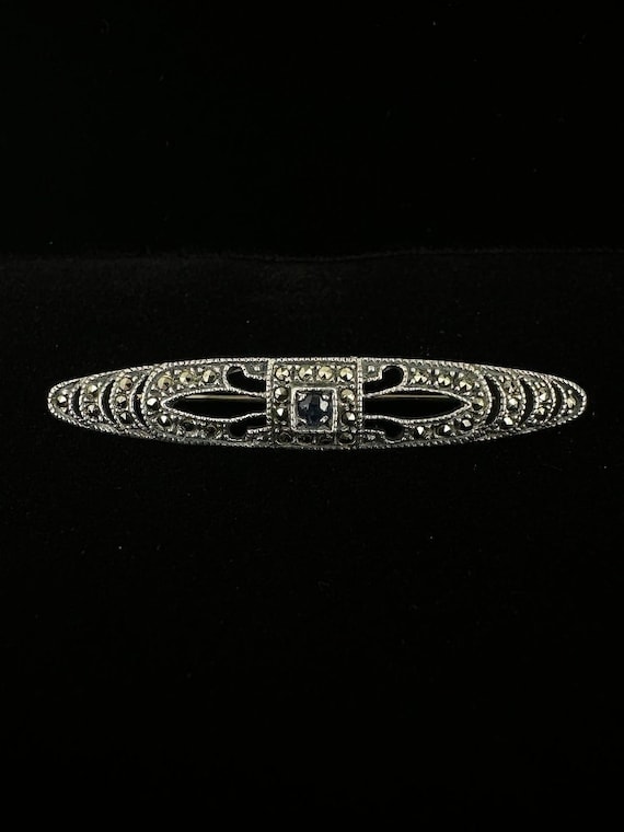 Antique Art Deco Sterling Silver Marcasite Blue T… - image 1