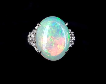 Estate Platinum Lustrous Australian Opal Diamond Statement Ring sz 6