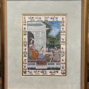 Vintage Indian Middle Eastern Mughal Empire Silk Painting  Harem Scene Framed/ Good Gift/ House Gift/ Mughal Painting/ Painting on SIlk/Gift