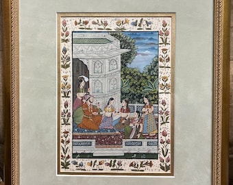 Vintage Indian Middle Eastern Mughal Empire Silk Painting  Harem Scene Framed/ Good Gift/ House Gift/ Mughal Painting/ Painting on SIlk/Gift