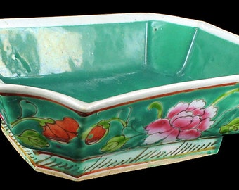 Antique Early 20th Century Chinese Famile Rose Bulb Planter/ Turquoise Floral Hand Painted Flower Pot/ Antique Chinese Bulb Planter/ Bowl