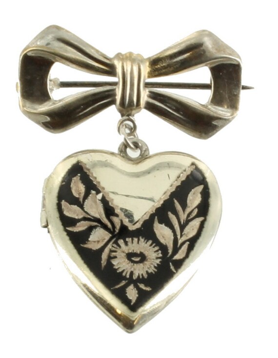 Antique Deco Sterling Heart NielloWare Locket Ribb