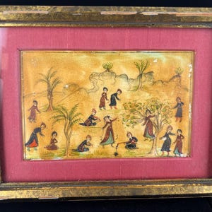 Vtg. Middle Eastern Framed Miniature Hand-Painted Garden Scene on Camel Bone