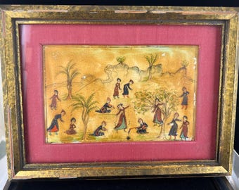 Vtg. Middle Eastern Framed Miniature Hand-Painted Garden Scene on Camel Bone