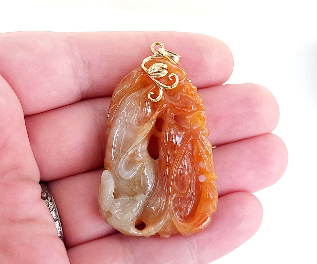 Vintage 14k Gold 38.04cttw Carved Orange Jade Jadeite Floral Vintage 14k Gold 38.04cttw Carved Orange Jade Jadeite Floral