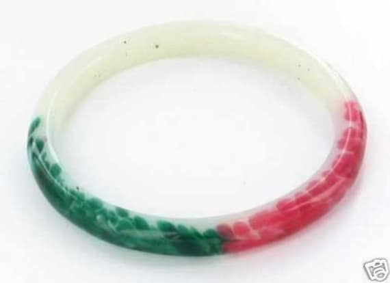 Antique Czech Deco Glass Green & Red Bangle Bracelet 8" / Czech Glass Jewelry / Glass Bracelet / Antique Jewelry / Gifts for her