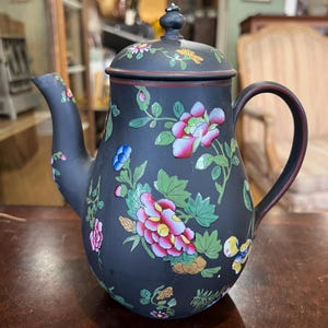 Antique 19th Century Wedgwood Enameled Floral Black Basalt Teapot / Coffee Pot/Good Gift/ Gift for Her/Gift for Him/ Antique Wedgwood/Gift