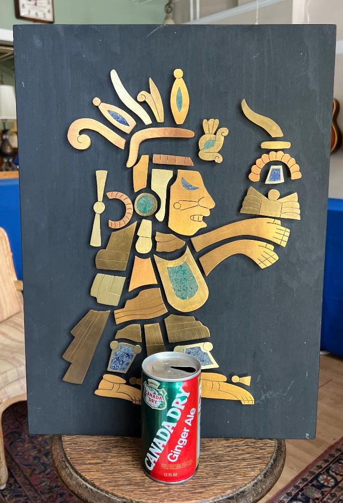 ヴィンテージ メキシコ アステカ戦士 ウォールアート：ターコイズ銅象嵌飾り ヴィンテージ メキシコ アステカ戦士 ウォールアート：ターコイズ銅