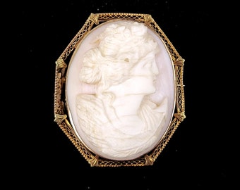 Broche con camafeo de concha de caracola de oro amarillo de 10 k, estilo Art Déco antiguo, de 1,75" / Joyería antigua / Joyería de 10 k / Joyería con camafeo / Regalos para ella
