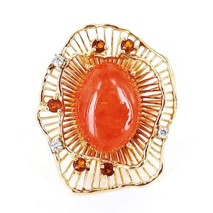 Vintage 14k Yellow Gold 17.56cttw Orange Jade Jadeite Diamond Abstract Ring s7.5 / MCM Ring / Pex of Hawaii Jewelry / Jade Jewelry/Gift