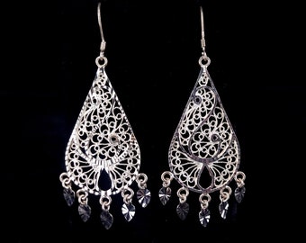 Vintage Sterling Silver Ornate Filigree Openwork Drop Dangle Shepherds Hook Earrings 3” / Silver Earrings / Sterling Jewelry / Gifts for her