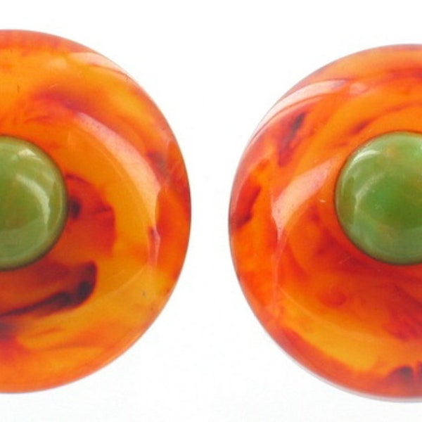 Antique Deco Butterscotch Orange Green Marbleized Button Screw Back Earrings 1"/ Good Gift/ Bakelite Earrings