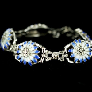Antique Deco 14k Gold Filled GF Marcasite Enamel Flower Floral A&Z Link Bracelet 7&quot; / Gold filled Jewelry / Enamel Flower Bracelet