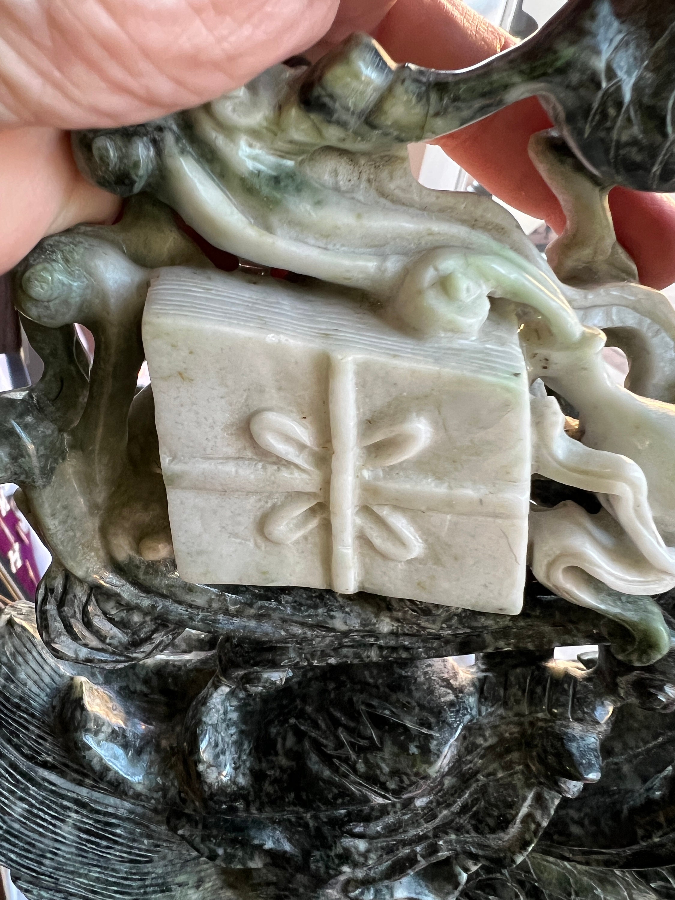 Vintage Chinese Spinach Jade Carving Statue W/ Base Qilin