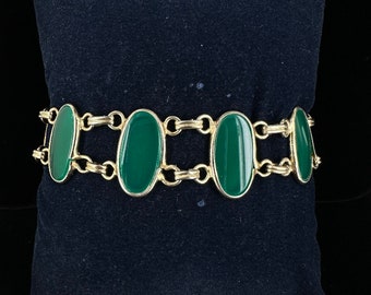 Vintage 12k Gold Filled Flat Oval Chrysoprase/Chalcedony Link Bracelet 7”