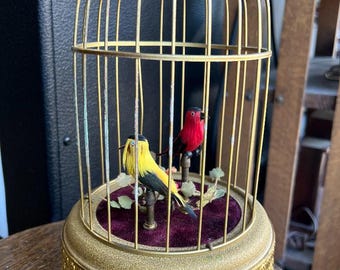 歌うハチドリのいるドイツのヴィンテージ鳥かごオルゴール。鳥好きの方