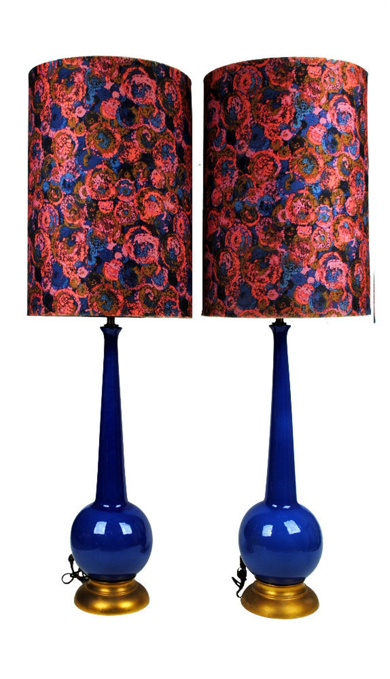 Vintage Mid Century Modern Fabulous Blue Pottery Table Lamps Pair W Orbs Bubbles Blues Plum Pink Olive Orb Shades