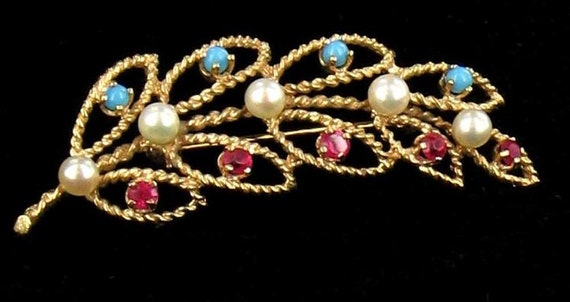 Vintage 14k Gold Filigree Ruby Turquoise Pearl Le… - image 2