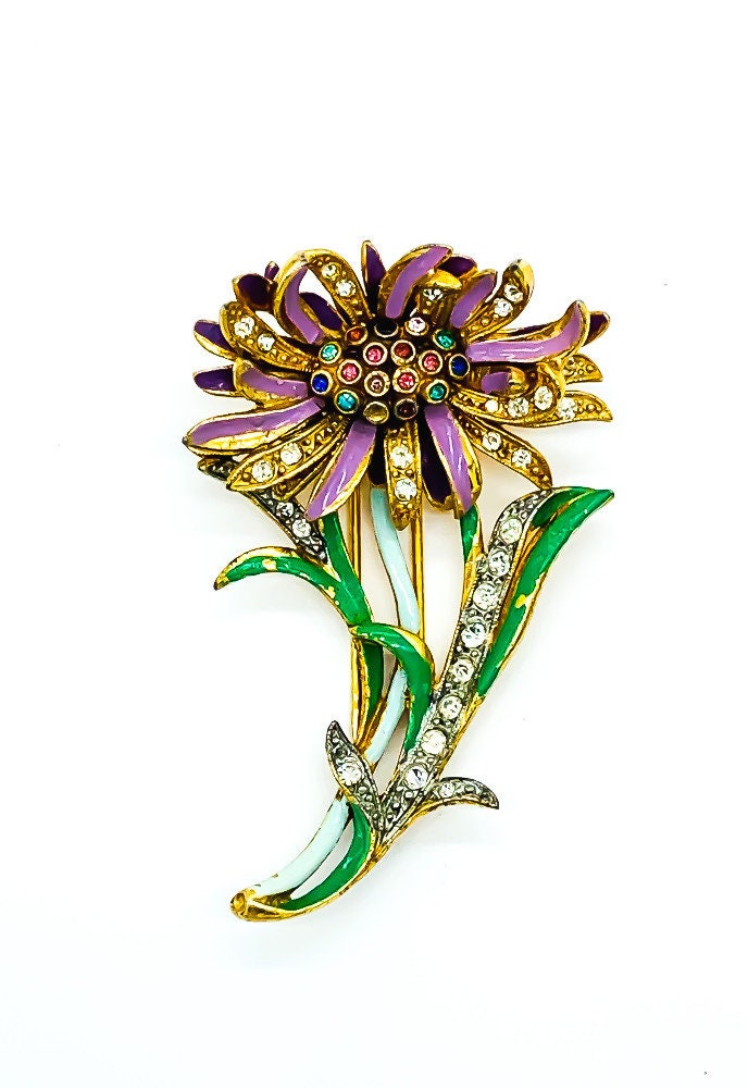 Vintage Dujay Attributed Enamel Crystal Rhinestone Daisy Flower Gold Dress Clip/ Vintage Dujay Jewelry/ Vintage Dujay Dress Clip/ Dress Clip