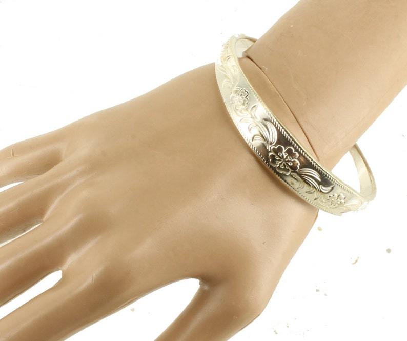 Vintage Hand ChasedEngraved Heavy Slide Bangle Bracelet Silverplate 8 Adj