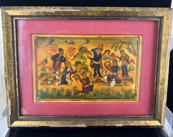 Vtg Middle Eastern Framed Small Hand-Painted Music & Dance Scene on Camel Bone