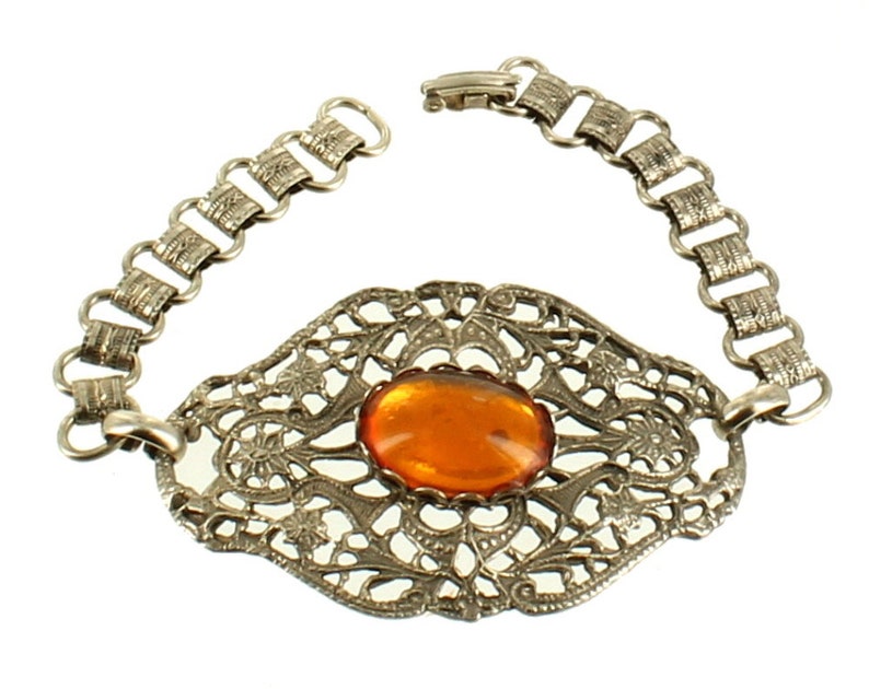 Vintage Victorian Revival Filigree Book Chain Amber Glass Cab Bracelet /& Ring 7