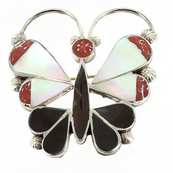 Vintage Zuni Sterling Leagus Ahiyite Coral Mother Of Pearl Onyx Butterfly Pin