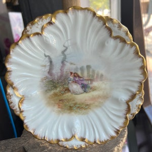 Antique Limoges Victorian Cabinet Shell Design Wall Plate Gold Trim Scene 7” /Good Gift/ Limoges Cabinet Plate/ Gift for Her/Gift for Him