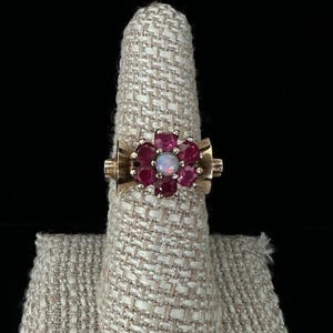 Antique Art Deco 10K Gold Ruby Opal Flower Cocktail Ring 7.5
