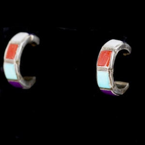Vintage Navajo/ Southwestern Sterling Multi-Stone Inlay Partial Hoop Earrings/  Lapis, MOP/ Coral/ Turquoise/ Spiney Oyster Shell