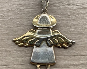 Vintage Sterling Silver Gold Wash Angel Angelic Figural Motif Pendant/ Vintage Sterling Repousse Angel Pendant/ Sterling Angel Pendant