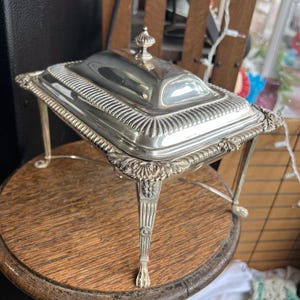 Antique 1912 Elkington Plate Silverplated Covered Steam Serving Tray with Stand