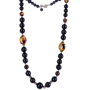 Vintage Modern Sterling Silver Tigers Eye Black Onyx Round Bead Necklace 18-19&quot; / Gemstone Necklace / Sterling Necklace / Beaded Jewelry
