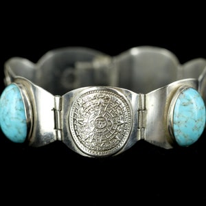 Vintage Sterling Silver #8 Turquoise Aztec Mexico Link Panel Bracelet 6.5 / Mexican Jewelry / Mexican Bracelet / Turquoise Jewelry