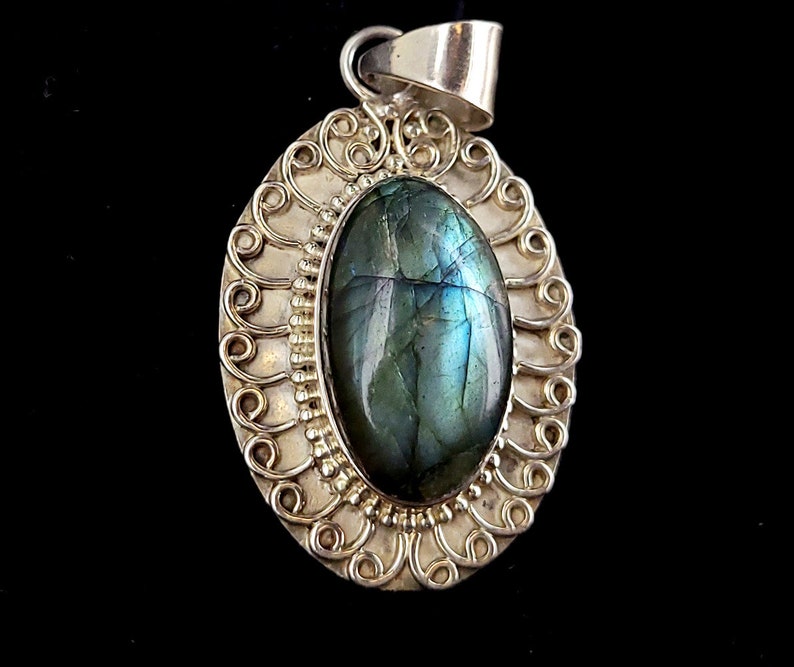 Vintage Sterling Silver Flashy Blue Green Labradorite Bali Design Pendant 2.25 labradorite Jewelry Labradorite Pendant Gifts for her