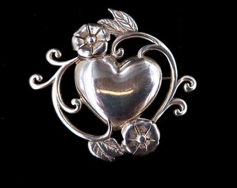 Vintage Mid Century Sterling Silver Jezlaine Heart Flower Floral Brooch Pin 2” / Heart Jewelry / Jezlaine Jewelry / Heart Brooch