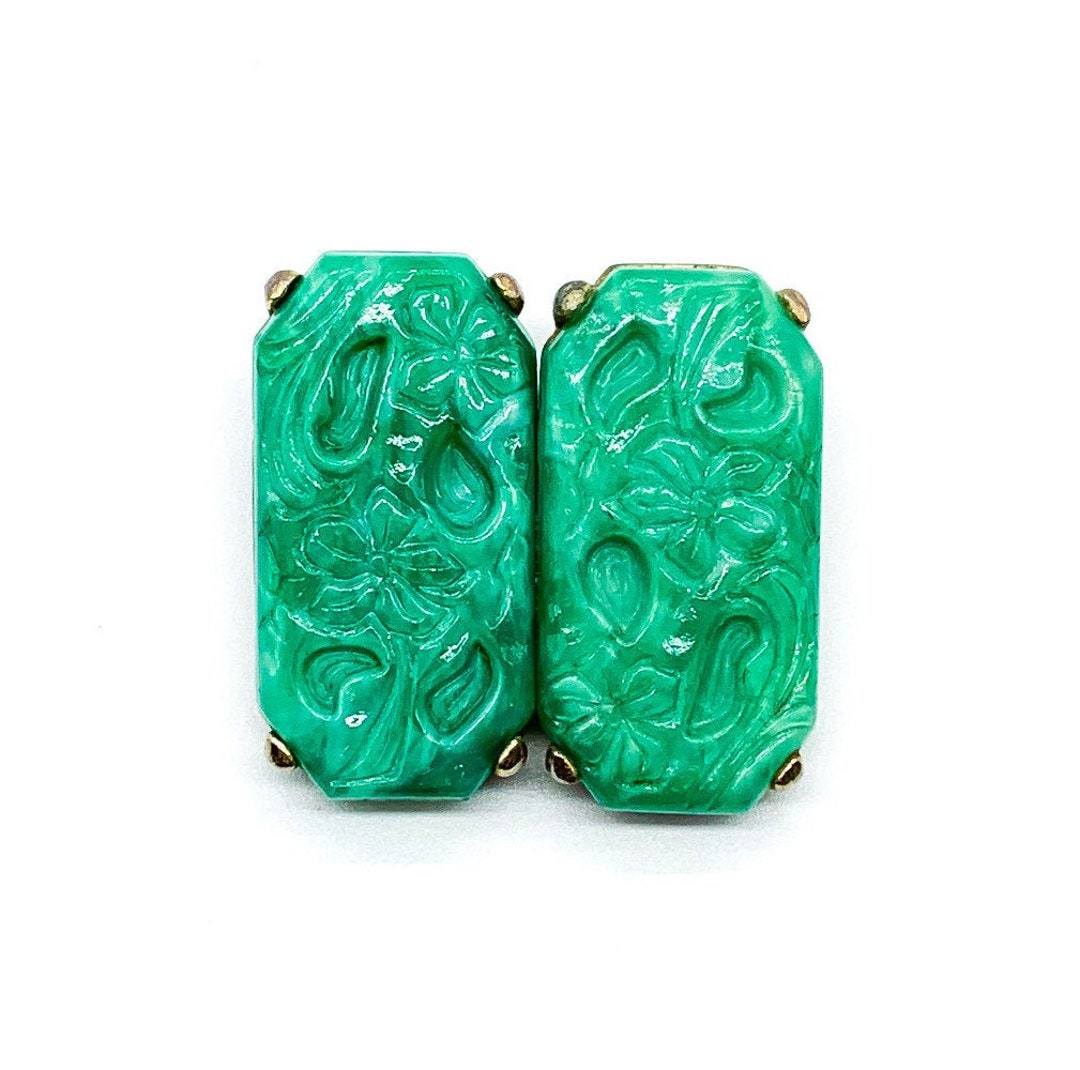 Vintage Art Deco Molded Jade Art Glass Rectangle Clip on Earrings